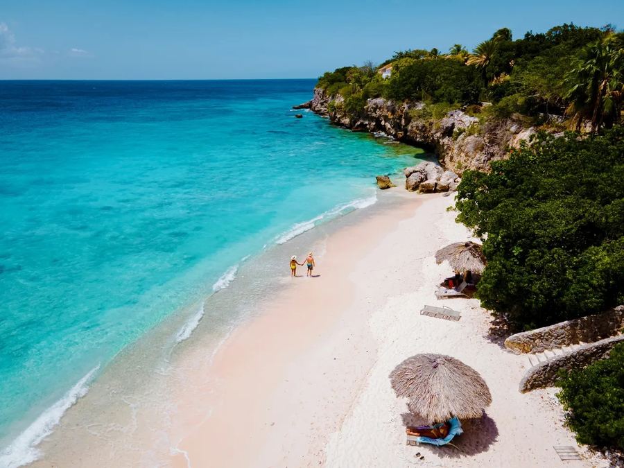 Aerial view of a secluded beach cove framed by cliffs and palm trees