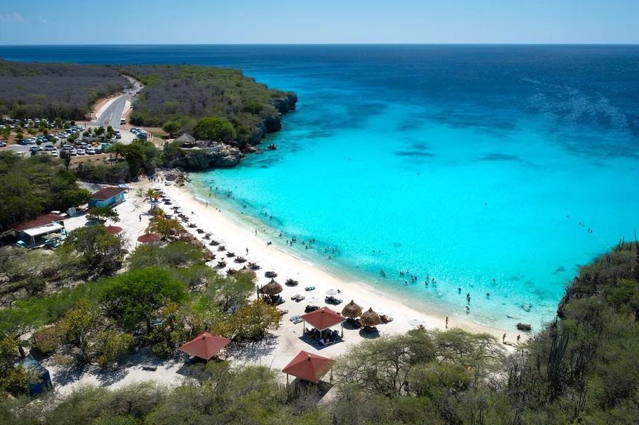 Aerial view of a thatched-umbrella beach cove with turquoise water